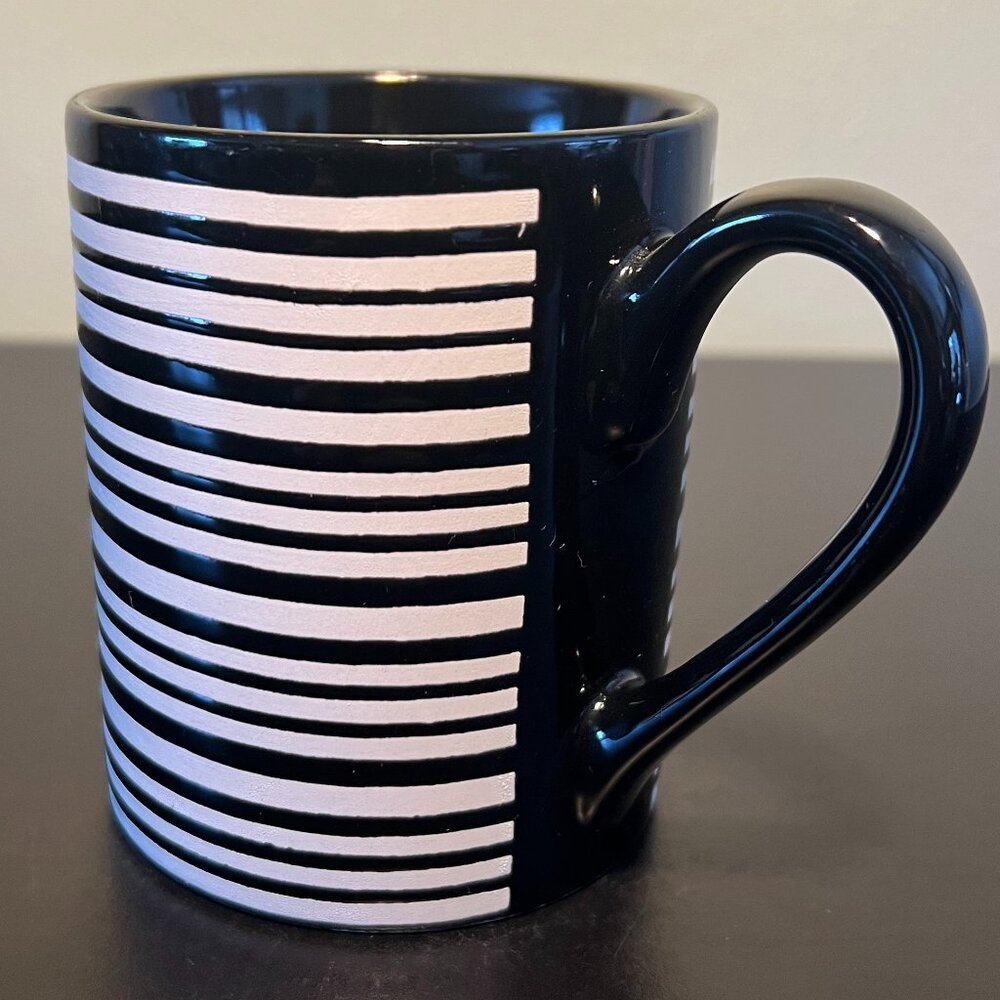 Black and White Incised Vertically Striped Stoneware Coffee Tea Mug
